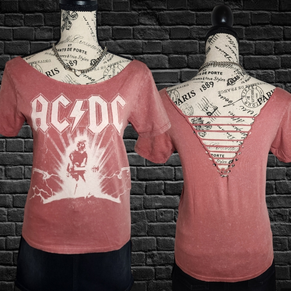 Upcycled Custom Slashed Weaved Ac/Dc T-Shirt Xs/S… - image 1